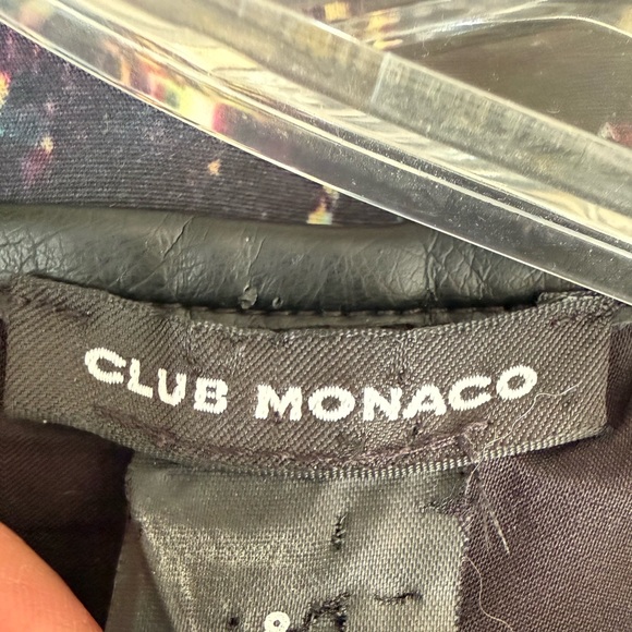 CLUB MONACO Shayla Mini Dress Black Abstract Print Faux leather Trim Size 8 - Picture 4 of 16